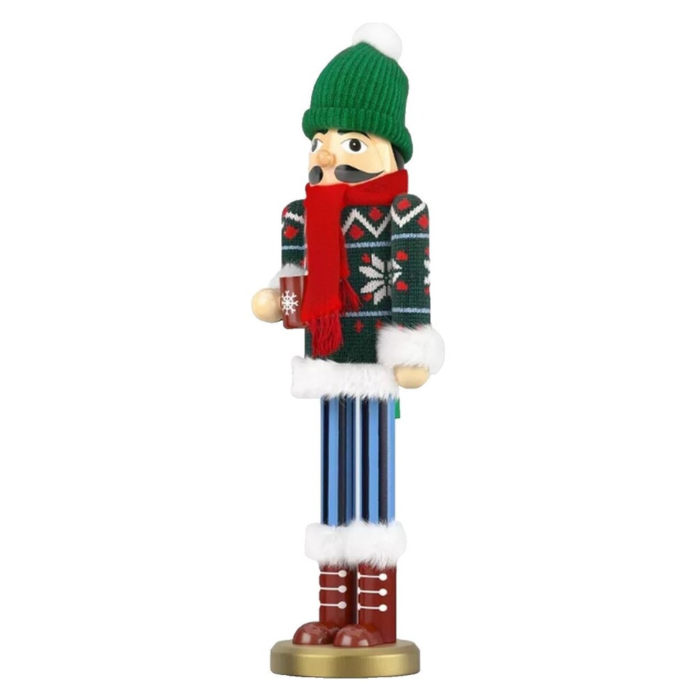Wooden Christmas Nutcracker, 17", WHITE MALE IN GREEN HAT W/COFFEE MUG,Threshold